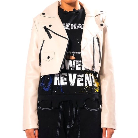 Callie: Not-So-Basic Moto Winter White Ivory VEGAN Leather Jacket - Picture 9 of 13